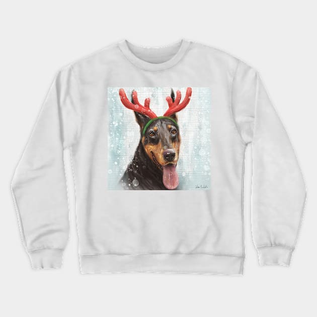 Painting of a Doberman with a Reindeer Headpiece Costume Crewneck Sweatshirt by ibadishi